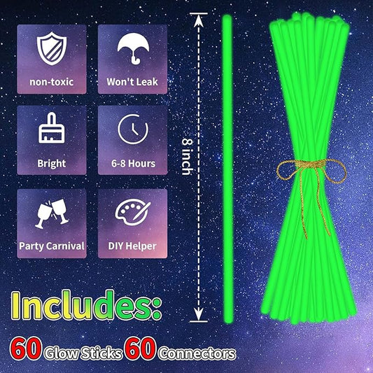 60 Pack 8” Green Glow Sticks Bulk with 60 Connectors Neon Glow In The Dark Party favors Supplies for Holiday Birthday Party Decoration (Green)