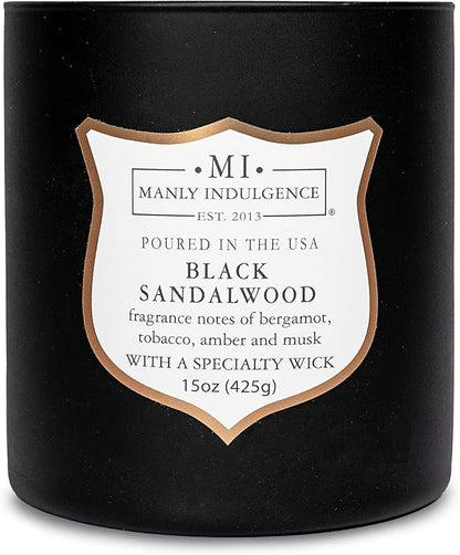 Manly Indulgence Black Sandalwood Scented Candle for Men 15 oz – Bergamot, Tobacco, Amber & Musk - Wood Wick - Up to 60 Hours Burn - Soy Blend Wax, USA Poured – Signature Collection