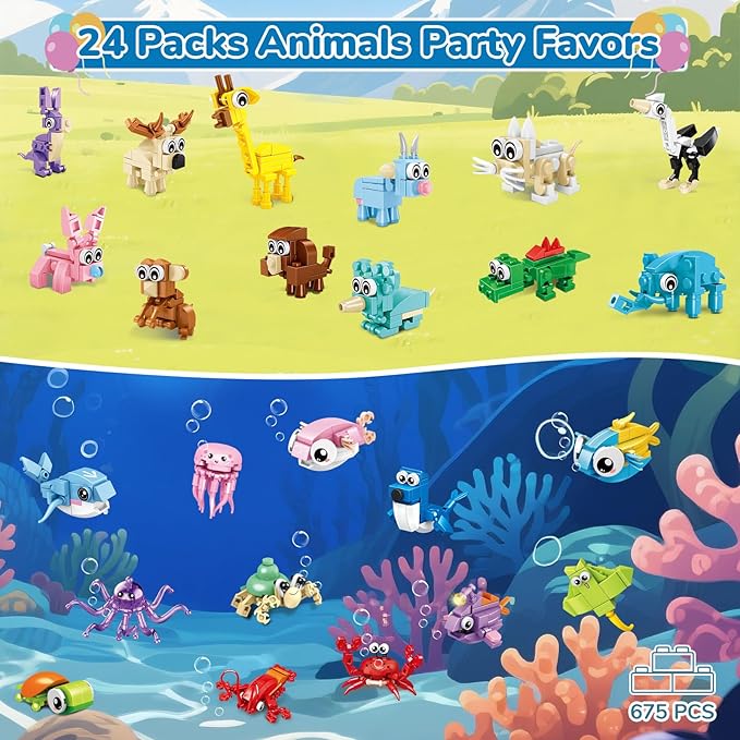 24 Packs Valentines Party Favors for Kids, Mini Animal Building Block Toy Sets for Goodie Bag Stuffers Classroom Prizes, Valentines Day Gifts for Kids Easter Birthday Gift for Boys Girls Ages 6-12