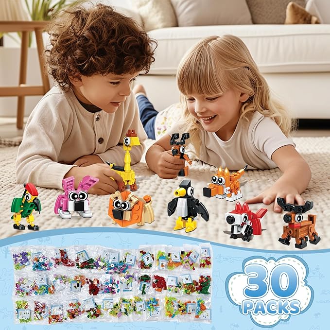 30 Pack Valentines Party Favors Building Set for Kids, 750 Pcs Mini Animal 3-in-1 Building Block Kit Sets, Classroom Goodie Bags Stuffers for Kid, Best Birthday Gifts for Boys Girls Ages 6+