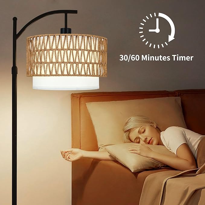 Arc Black Floor Lamp for Living Room with Remote,Dimmable LED Floor Lamp with 3 Color Temperature,Farmhouse Boho Standing Lamp with Rattan Wicker Shade,Adjustable Tall Lamp for Bedroom Office Corner