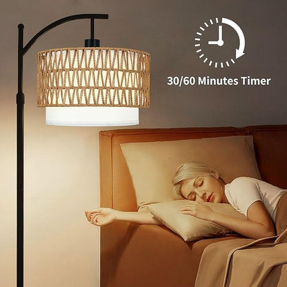 Arc Floor Lamp with Table and Shelves,Rattan Boho Floor Lamp with Remote Control,Rustic Floor Lamps for Bedroom Wicker Standing Lamp with 3 Color Temperature Tall Lamp for Living Room Corner