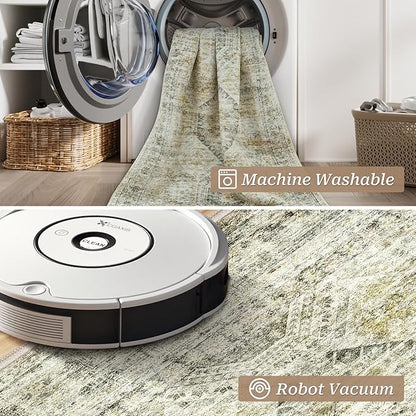 2x5 Rug Runner Washable for Entryway, Soft Bathroom Rugs with Non-Slip Backing, Abstract Low Pile Hallway Runner, Vintage Small Kitchen Carpet for Stair, Laundry Room(2'x5', Grey/Yellow)
