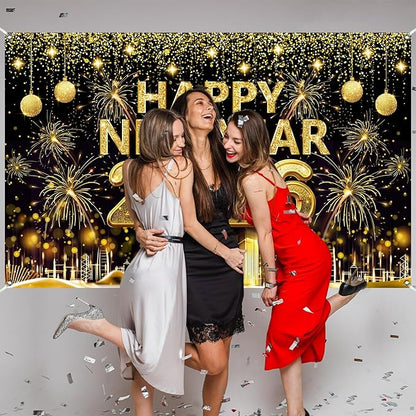 Gold 2026 Happy New Year Banner Backdrop 5.9×3.6 Ft Gold Glitter 2026 Backdrop with Clock Fireworks Sparkling Happy New Year Decorations Banner Family Party Photo Booth (Polyester) Retyshia