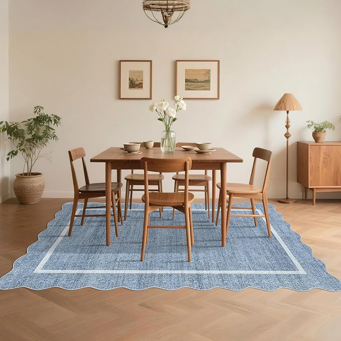 GarveeHome Scalloped Washable Rug 9x12 Area Rug for Bedroom Modern Living Room Rug Farmhouse Non Slip Large Area Rug Soft Throw Rugs Stain Resistant Carpet for Dining Room Nursery Blue 9 ft x12 ft