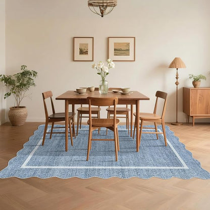 GarveeHome Scalloped Washable Rug 9x12 Area Rug for Bedroom Modern Living Room Rug Farmhouse Non Slip Large Area Rug Soft Throw Rugs Stain Resistant Carpet for Dining Room Nursery Blue 9 ft x12 ft