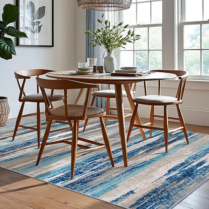 Modern Abstract 6x9 Machine Washable Living Room Rug Non-Slip Soft Bedroom Area Rug Blue Ultra Thin Print Faux Wool Floor Carpet Throw Rugs for Nursery Playroom Dining Room Indoor Office