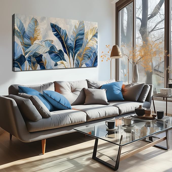 JuhaiArt Gold Banana Leaf Canvas Art for Living Room Bedroom Blue Botanical Picture White Wall Decor 24" x 48"