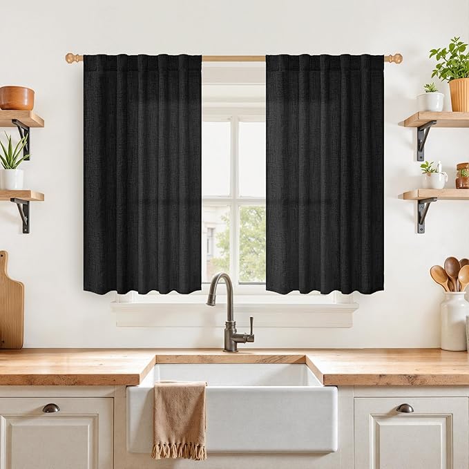 YoungsTex Black Linen Curtains 40 Inches Long for Kitchen Cafe Window - Short Semi Sheer Drapes with Rod Pocket Back Tab Light Filtering Gothic Decorative for Bedroom Bathroom, 2 Panels, 42 X 40 Inch