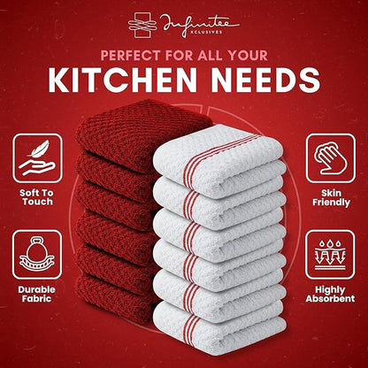 Infinitee Xclusives Premium Kitchen Towels - [Pack of 12] 100% Cotton Kitchen Hand Towels (15 x 25 Inches) - Dish Towels for Kitchen |Passionate Red|