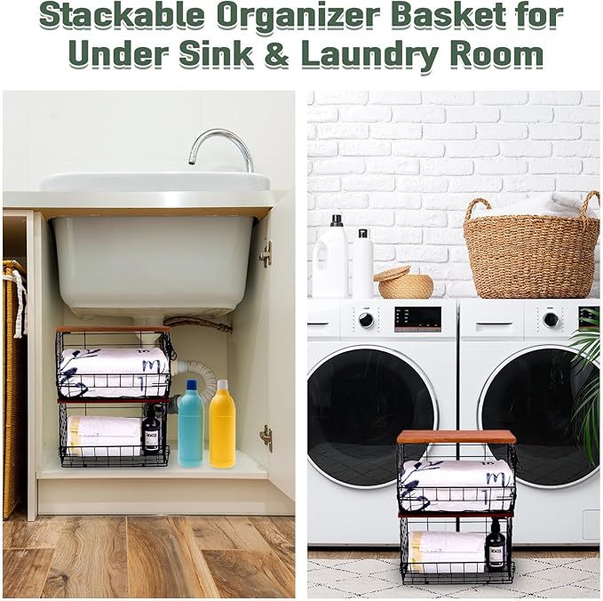 2 Pack Large Trash Bag Holder, Stackable Kitchen Pantry & Laundry Organizers with Wood Lid, Collapsible Garbage Bag Dispenser Storage for Under Sink Cabinet Shelf Countertop Organization