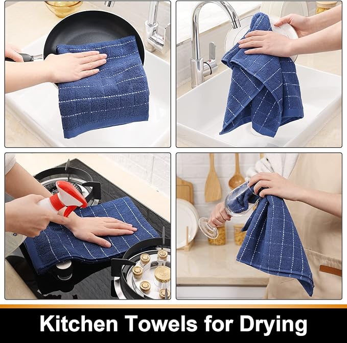 Mordimy 100% Cotton Terry Cloth Dish Cloths, Soft and Absorbent Checkered Dish Towels, Quick Drying Dish Rags for Washing Dishes, 6 Pack, 12 x 12 Inches, Navy
