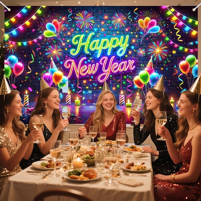 Nuxovilar Happy New Year Banner, Colorful Fireworks Neon Lights Backdrop for Party Decorations, 71x43 Inch
