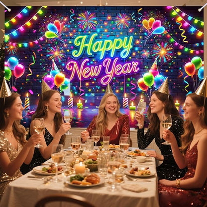Nuxovilar Happy New Year Banner, Colorful Fireworks Neon Lights Backdrop for Party Decorations, 71x43 Inch