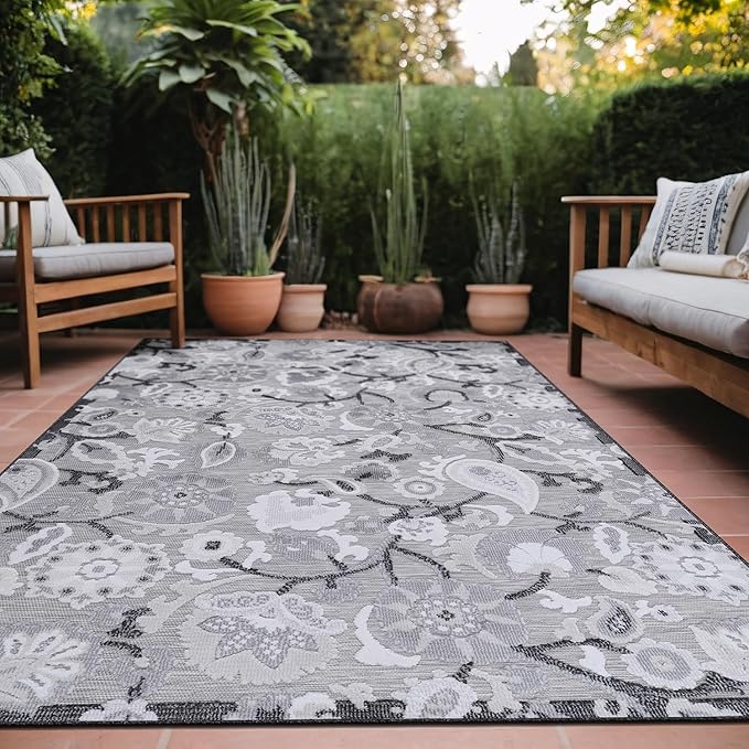 Floral Indoor Outdoor Rugs 8x10 Large Area Rug for Living Room, Patio Decor, Kitchen, and Entryway Rug, Washable Stain Resistant Outside Carpet Gray 8 x 10