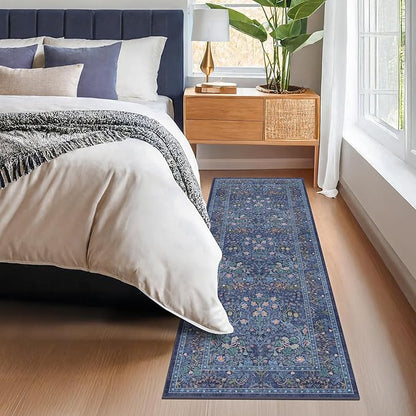 Hazo Haus Non Slip 2x6 Dark Blue Kitchen Runner Rug - Long Runner Rugs 24 x 72 Washable Hallway Floor Mat, Bedroom Laundry Room Bathroom Runner - Dusky Navy Vintage Floral Design Décor