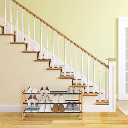 STORAGE MANIAC Expandable Shoe Rack, 16 Pairs Stackable Small Shoe Rack, Metal Adjustable Shoes Organizer for Closet, Entryway, Hallway, Garage, Front Door, Shoes Shelves, Bamboo 4 Tier