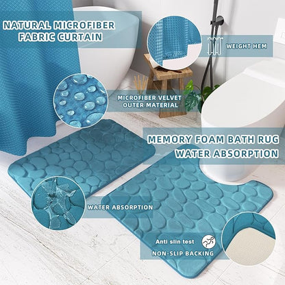 Bathroom Set with Shower Curtain and Rugs- 25PC Teal Bathroom Set, Bathroom Accessories Set, Shower Curtain Set, Trash Can, Qtip Holder Dispenser & Soap Dispenser