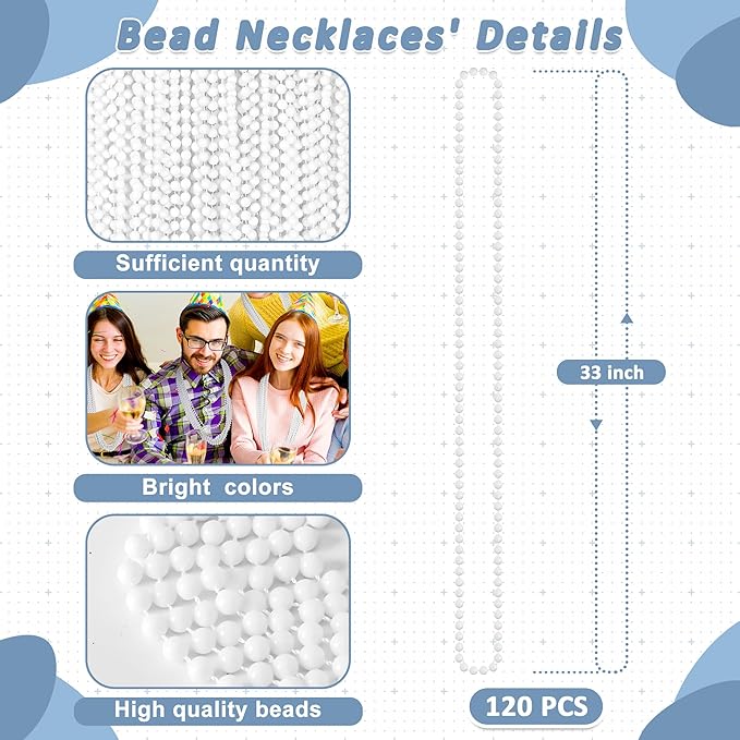 Mardi Gras Beads, 120PCS Bead Necklace, 33" White Beads Bulk, Mardi Gras Accessories, Party Costume Parade Throws Bulk for Pirate Birthday Party Favors Supplies