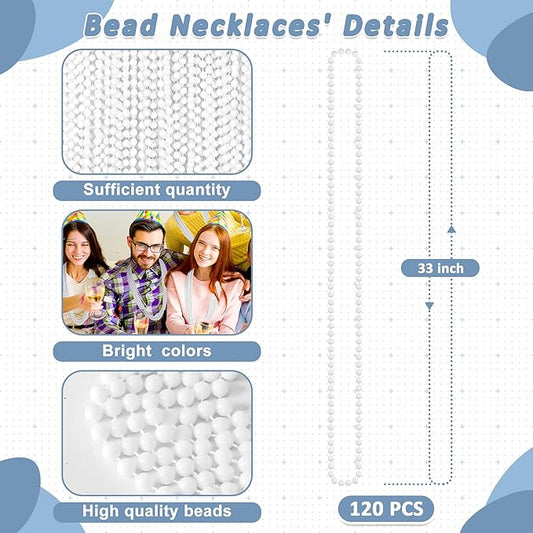 Mardi Gras Beads, 120PCS Bead Necklace, 33" White Beads Bulk, Mardi Gras Accessories, Party Costume Parade Throws Bulk for Pirate Birthday Party Favors Supplies