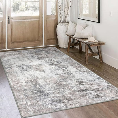 Modern Abstract 4x6 Living Room Washable Rug Non-Slip Soft Bedroom Area Rug Beige Grey Neutral Thin Print Faux Wool Floor Carpet Throw Rugs for Nursery Playroom Dining Room Indoor Office