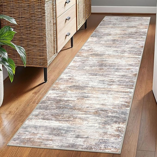 KOZYFLY Modern Abstract Washable Rug Runner 2x7 Hallway Runner Rug Non-Slip Soft Kitchen Runner Rugs, Print Multi Grey Striped Carpet Runner for Entryway Bathroom Laundry Room Foyer
