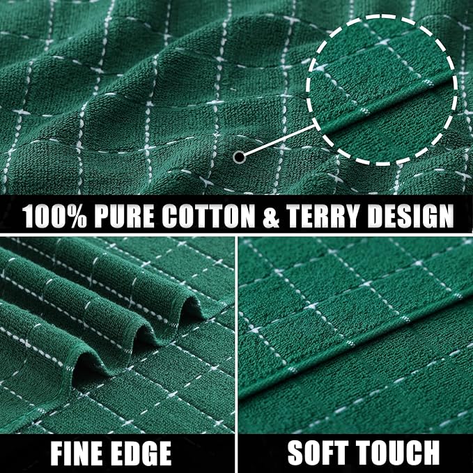 Mordimy 100% Cotton Terry Cloth Kitchen Towels, Super Soft and Absorbent Dish Towels for Drying, Checkered Designed Hand Towels for Kitchen, 16 x 26 Inches, 4 Pack, Dark Green