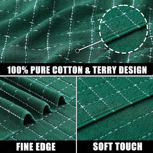 Mordimy 100% Cotton Terry Cloth Kitchen Towels, Super Soft and Absorbent Dish Towels for Drying, Checkered Designed Hand Towels for Kitchen, 16 x 26 Inches, 8 Pack, Dark Green