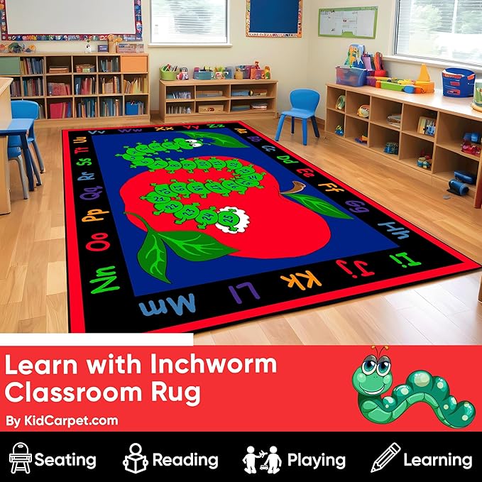 Learn with Inchworm Classroom Rug, 4' x 6', Multicolored, Educational Classroom Rug, Kids Learning Play Mat | Area Rug for Bedroom or Playroom