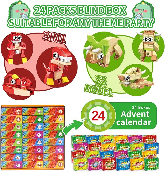 Dinosaur Party Favors for Kids - 24 Pack 72 Kinds of Animals Building Block Toy Goodie Bags Fillers Classroom Prizes Stuffers Gifts Building Set, Christmas Birthday Gift for Boys Girls Ages 6-12
