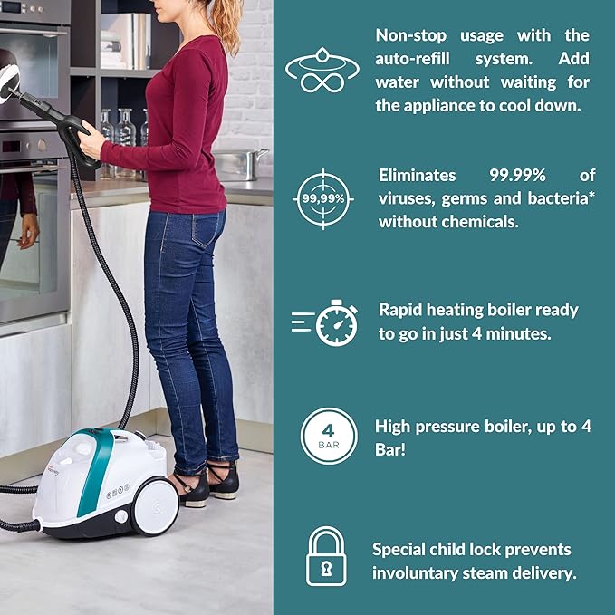 POLTI Vaporetto Smart 100 Steam Cleaner with Unlimited Steam Technology, Sanitize Floors, Carpets and Surfaces Adjustable High Power Steam Pressure Up to 58 PSI with 10 Accessories 1 Year Warranty