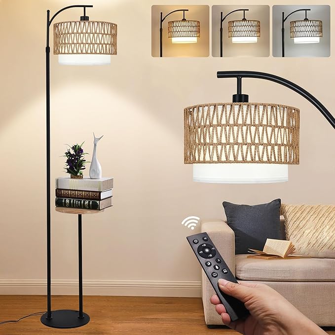 Arc Floor Lamp with Table and Shelves,Rattan Boho Floor Lamp with Remote Control,Rustic Floor Lamps for Bedroom Wicker Standing Lamp with 3 Color Temperature Tall Lamp for Living Room Corner