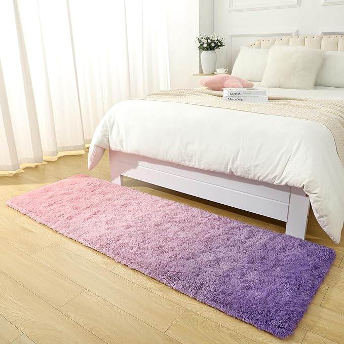 DweIke Luxury Shaggy Runner Rugs for Bedroom, 2x6 Feet Fluffy Runners Carpet for Girls Boys Kids, Non-Slip Extra Comfy Plush Bed Beside Rug for Living Room Nursery Home Decor, Pink and Purple