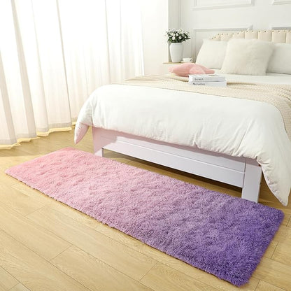 DweIke Luxury Shaggy Runner Rugs for Bedroom, 2x6 Feet Fluffy Runners Carpet for Girls Boys Kids, Non-Slip Extra Comfy Plush Bed Beside Rug for Living Room Nursery Home Decor, Pink and Purple
