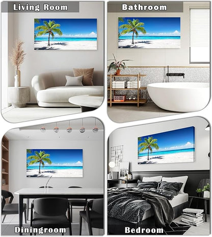 Baisuart-S03998 Large Canvas Wall Art Summer Ocean Waves Prints Coconut Trees on Sands Beach Seascape Painting Sea Nature Pictures Framed for Living Room Home Office Wall Decor Artwork