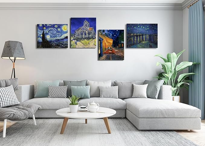 Vincent Van Gogh Canvas Wall Art - Starry Night Over The Rhone - Cafe Terrace At Night Paintings, Classic Artwork Pictures Poster Prints for Bathroom Living Room Office Decor