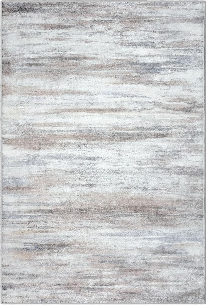 KOZYFLY Modern Abstract Small Area Rugs 2x3, Washable Kitchen Rug Non-Slip Soft Small Bathroom Rug, Beige Striped Entryway Rugs Abstract Print Faux Wool Doormat for Bedside Entrance Bedroom Sink