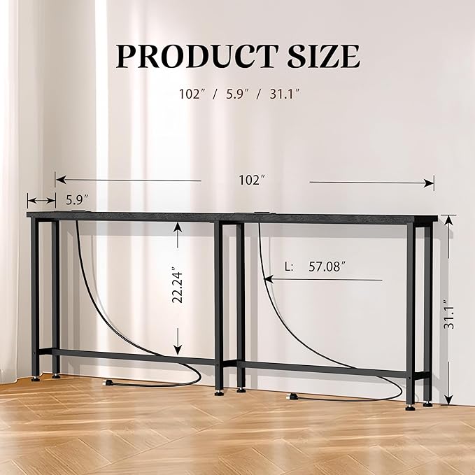 GRLEAF 102" Sofa Table with Built-in Power Strip (4 AC Outlets & 4 USB Ports) – 4.9ft Power Cord, Metal Frame, Easy Assembly, Long Couch Table Behind Sofa, Living Room and Home Office | Black