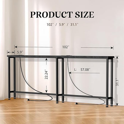 GRLEAF 102" Sofa Table with Built-in Power Strip (4 AC Outlets & 4 USB Ports) – 4.9ft Power Cord, Metal Frame, Easy Assembly, Long Couch Table Behind Sofa, Living Room and Home Office | Black