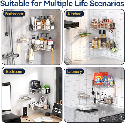 YASONIC Corner Shower Caddy Organizer, 3-Pack Self-Adhesive Rustproof Bath Shelves with Soap Holder & 4 Hooks, Large Capacity Shower Storage Rack for Bathroom Organization, Silver