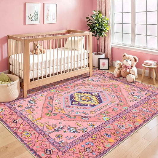 SERISSA Area Rug 3x5 for Baby Girls Bedroom, Washable Non-Slip Boho Nursery Rug, Ultra Soft Cute Pastel Aesthetic Fuchsia Pink Rugs for Indoor Entryway Kitchen Office Kids Playroom Dorm Decor