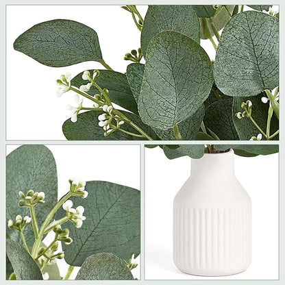 Dahey Artificial Eucalyptus Stems in White Ceramic Vase Centerpiece Table Decorations Modern Farmhouse Decor Fake Plants with Vase for Bathroom Kitchen Shelf Living Room Greenery Decor, 4 inches