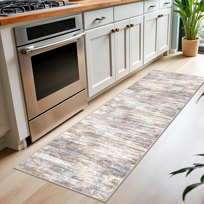 KOZYFLY Modern Abstract Washable Rug Runner 2x7 Hallway Runner Rug Non-Slip Soft Kitchen Runner Rugs, Print Multi Grey Striped Carpet Runner for Entryway Bathroom Laundry Room Foyer
