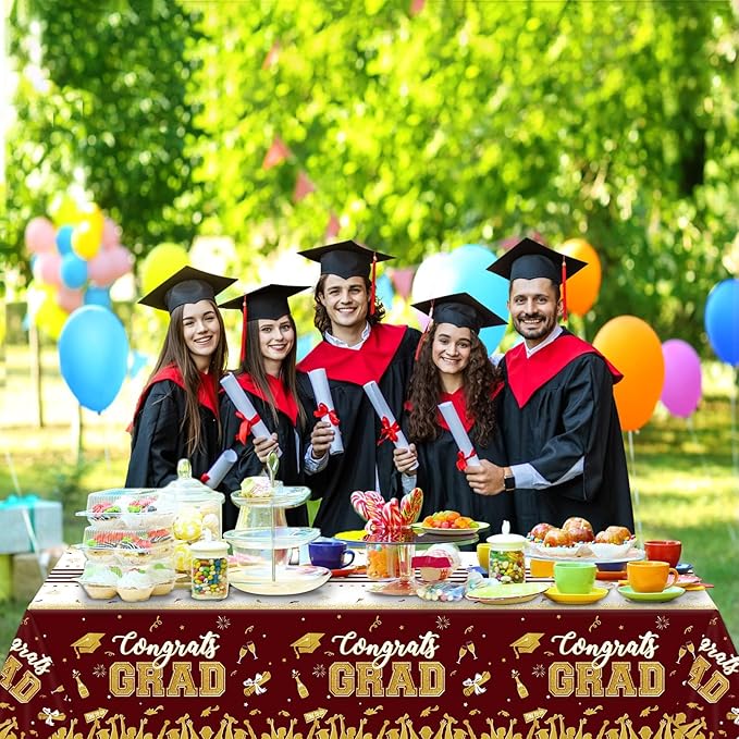 chiazllta Set of 3 Graduation Tablecloths Class of 2025 Congrats Grad Maroon Graduation Party Tablecover Decorations Party Supplies Large Size Plastic 54"x108"(Maroon & Gold)