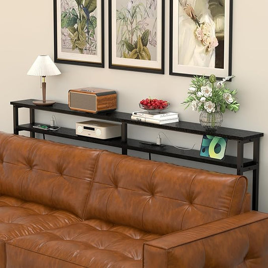 78 Inch Double-Layer Narrow Console Sofa Table with 2 Power Outlets &4 AC Plugs&4 USB Ports, 4.9' Extension Cord Included, Behind Couch Table for Living Room/Office Easy Assembly - Black