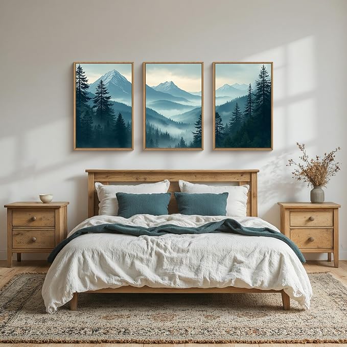 Large Misty Mountain Forest Framed Canvas Wall Art,Nature Pine Tree Wall Decor,Foggy Snow Woodland Wall Painting,Watercolor Scenery Artwork for Living Room,Bedroom,Dining Room,Office -16"x24"x3