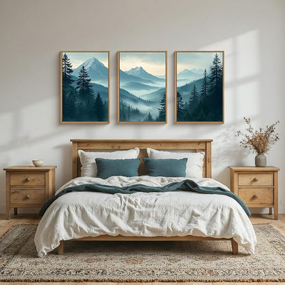 Large Misty Mountain Forest Framed Canvas Wall Art,Nature Pine Tree Wall Decor,Foggy Snow Woodland Wall Painting,Watercolor Scenery Artwork for Living Room,Bedroom,Dining Room,Office -24"x36"x3