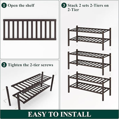Smiry Shoe Rack, 6 Tier Bamboo Shoe Organizer, Stackable Free Standing Wooden Shoe Storage Shelf for Closet, Entryway, Front Door Entrance, Brown