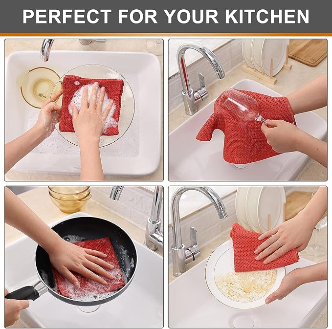 Kitinjoy 100% Cotton Kitchen Dish Cloths, 12 Pack Waffle Weave Ultra Soft Absorbent Dish Towels for Drying Dishes Quick Drying Kitchen Towels Dish Rags, 12 X 12Inch, Brick Red