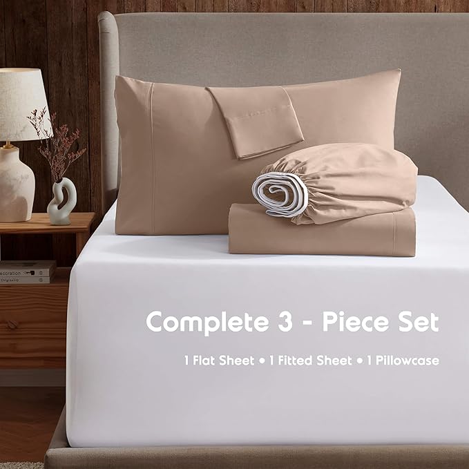 Nestl Twin Sheet Set - 1800 Ultra-Soft Microfiber Twin Bed Sheets - Double Brushed - Deep Pockets - Easy Fit - Extra Soft - 3 Piece Set - Bedding Sheets & Pillowcases (Twin, Taupe)
